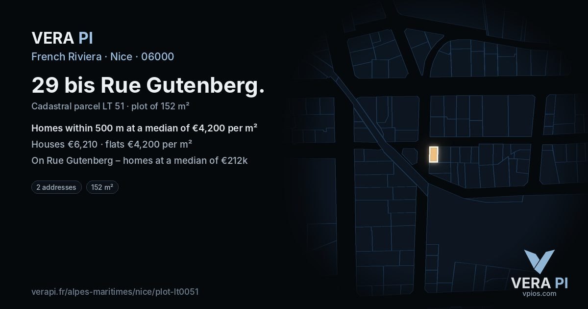 29 bis Rue Gutenberg, Nice at night – the plot lit, the parcels around coloured by the prices near them
