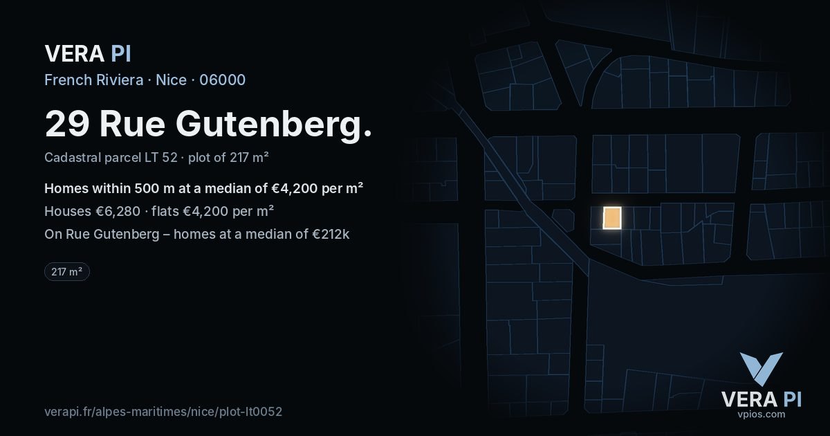 29 Rue Gutenberg, Nice at night – the plot lit, the parcels around coloured by the prices near them