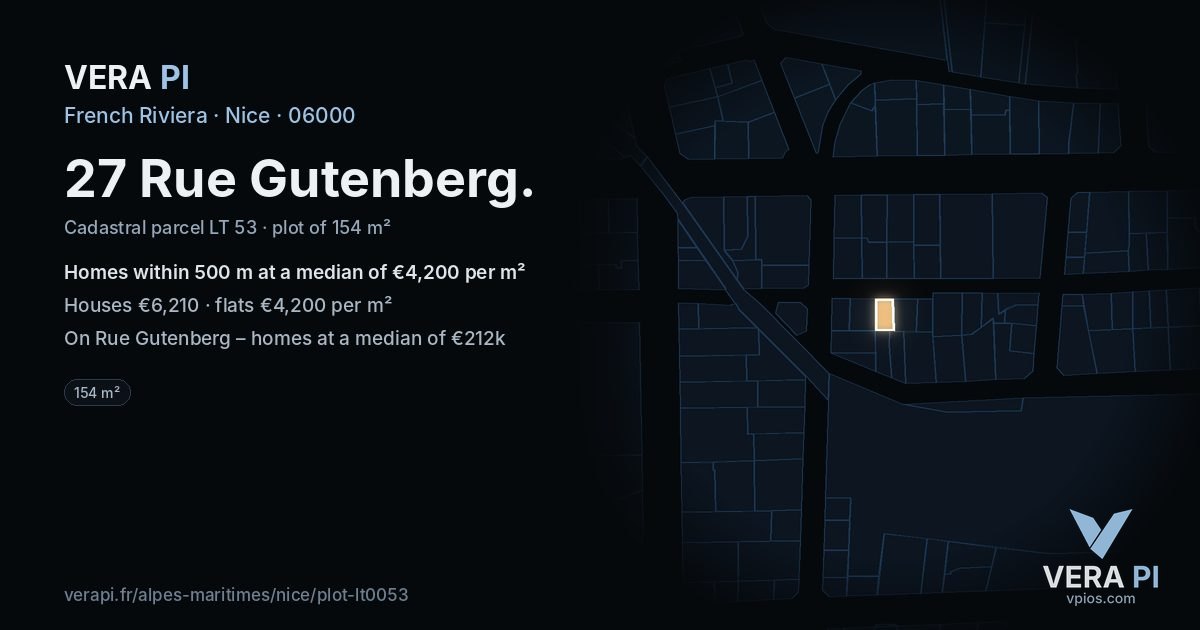 27 Rue Gutenberg, Nice at night – the plot lit, the parcels around coloured by the prices near them
