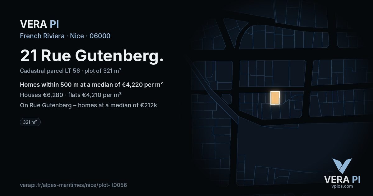21 Rue Gutenberg, Nice at night – the plot lit, the parcels around coloured by the prices near them