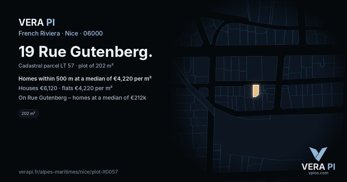19 Rue Gutenberg, Nice at night – the plot lit, the parcels around coloured by the prices near them