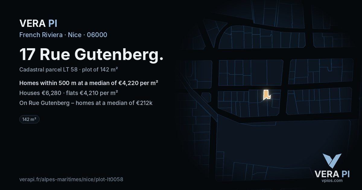 17 Rue Gutenberg, Nice at night – the plot lit, the parcels around coloured by the prices near them