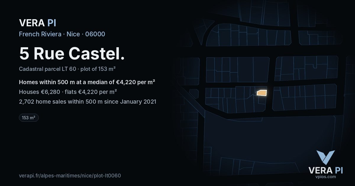 5 Rue Castel, Nice at night – the plot lit, the parcels around coloured by the prices near them