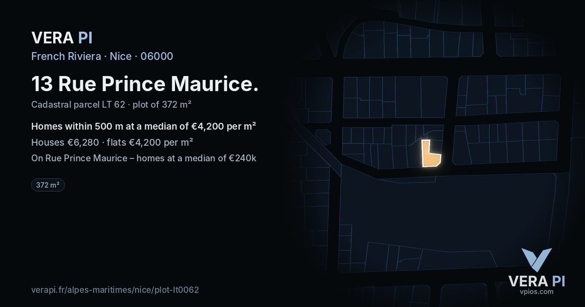 13 Rue Prince Maurice, Nice at night – the plot lit, the parcels around coloured by the prices near them