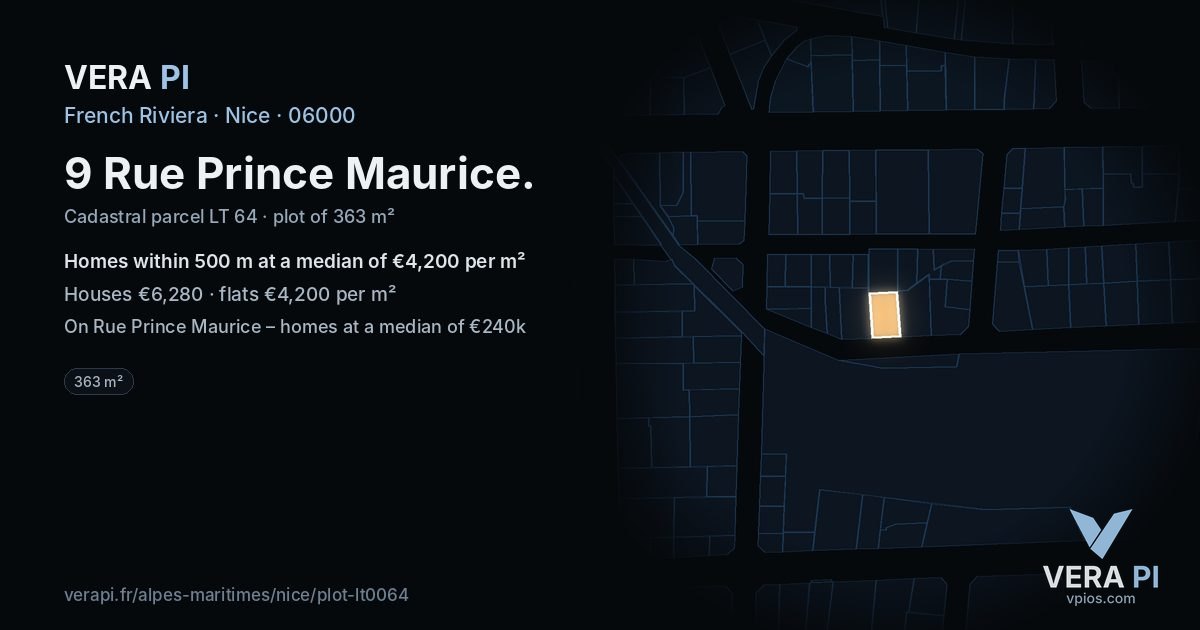 9 Rue Prince Maurice, Nice at night – the plot lit, the parcels around coloured by the prices near them