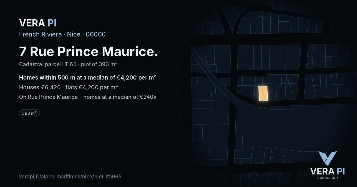 7 Rue Prince Maurice, Nice at night – the plot lit, the parcels around coloured by the prices near them