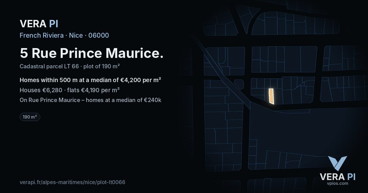 5 Rue Prince Maurice, Nice at night – the plot lit, the parcels around coloured by the prices near them