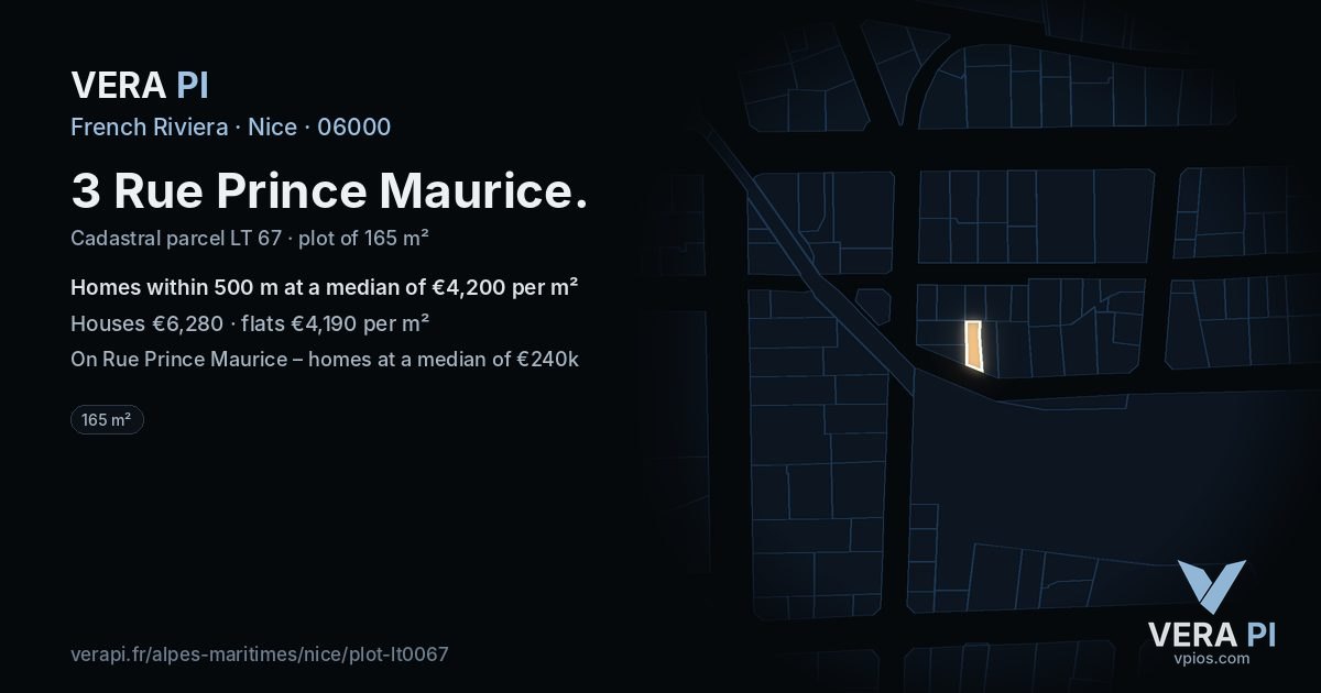 3 Rue Prince Maurice, Nice at night – the plot lit, the parcels around coloured by the prices near them