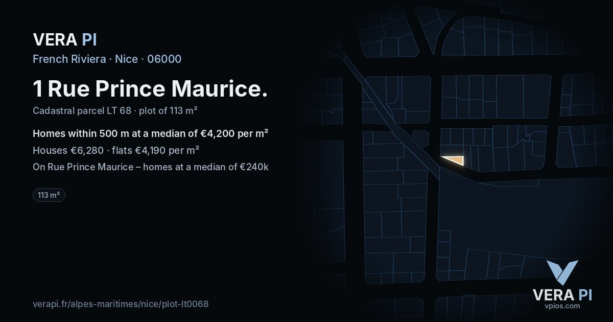 1 Rue Prince Maurice, Nice at night – the plot lit, the parcels around coloured by the prices near them