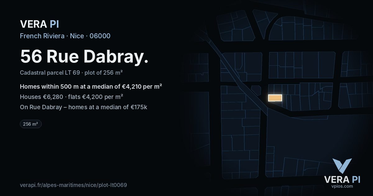 56 Rue Dabray, Nice at night – the plot lit, the parcels around coloured by the prices near them