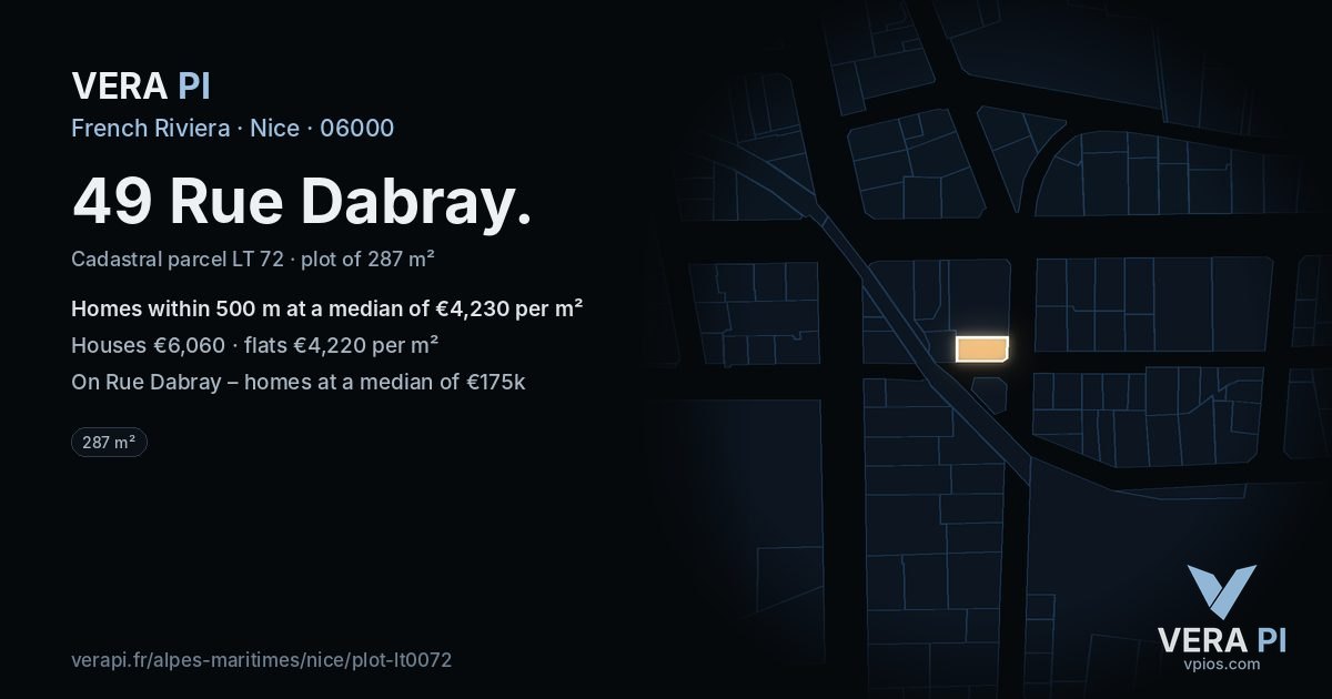 49 Rue Dabray, Nice at night – the plot lit, the parcels around coloured by the prices near them