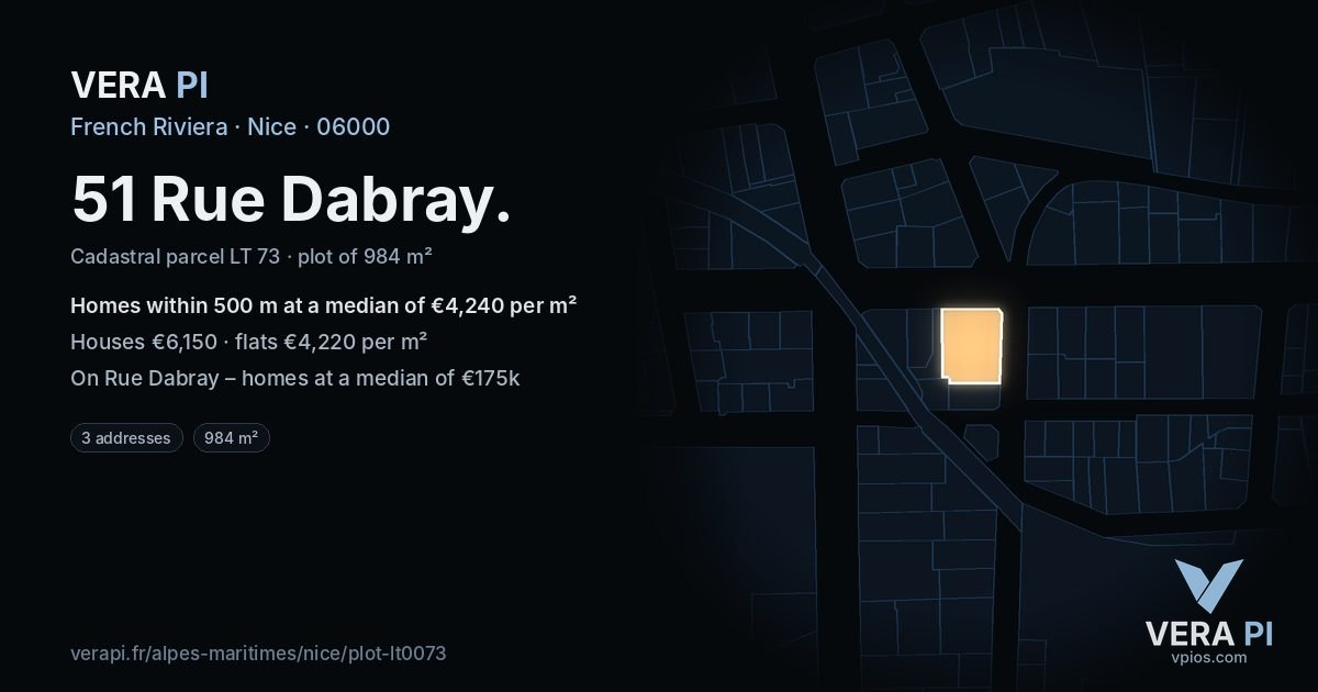 51 Rue Dabray, Nice at night – the plot lit, the parcels around coloured by the prices near them