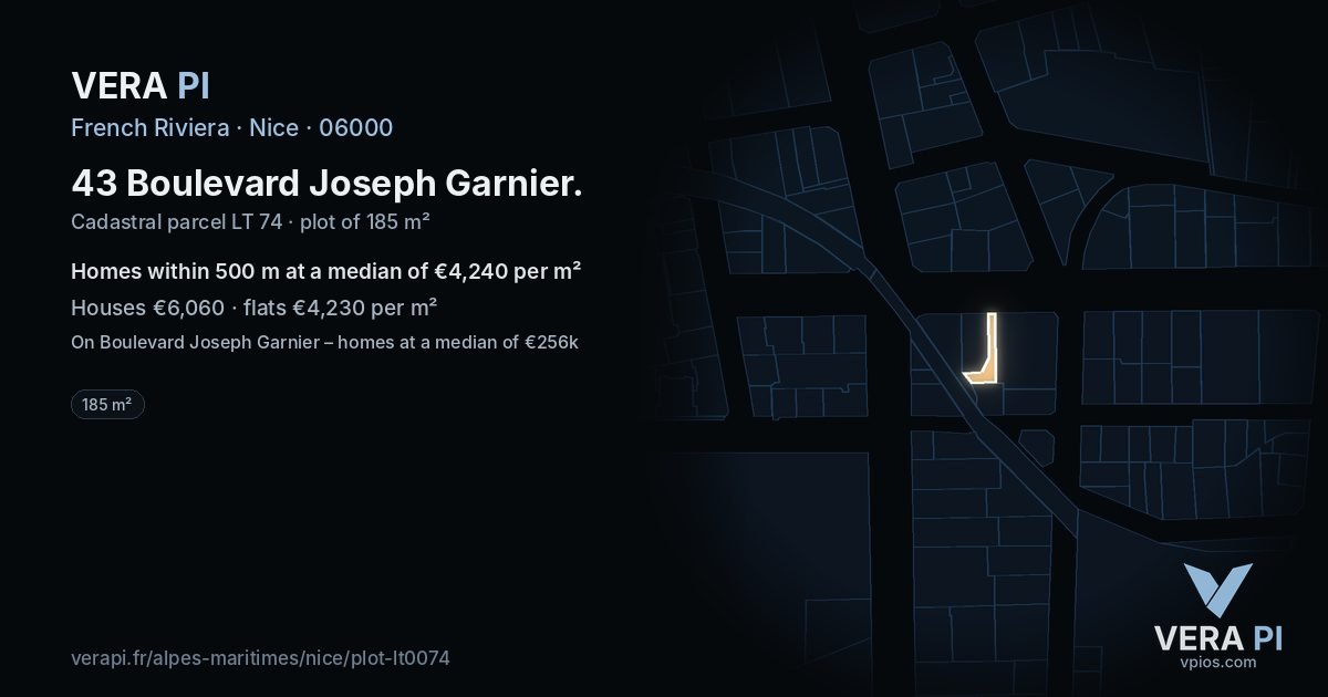43 Boulevard Joseph Garnier, Nice at night – the plot lit, the parcels around coloured by the prices near them