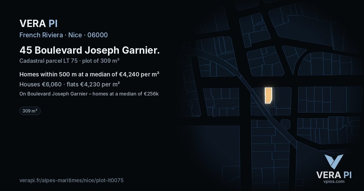 45 Boulevard Joseph Garnier, Nice at night – the plot lit, the parcels around coloured by the prices near them