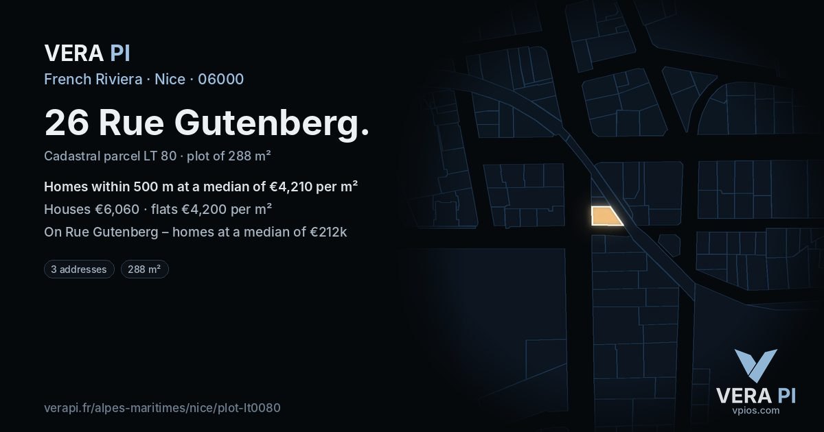 26 Rue Gutenberg, Nice at night – the plot lit, the parcels around coloured by the prices near them