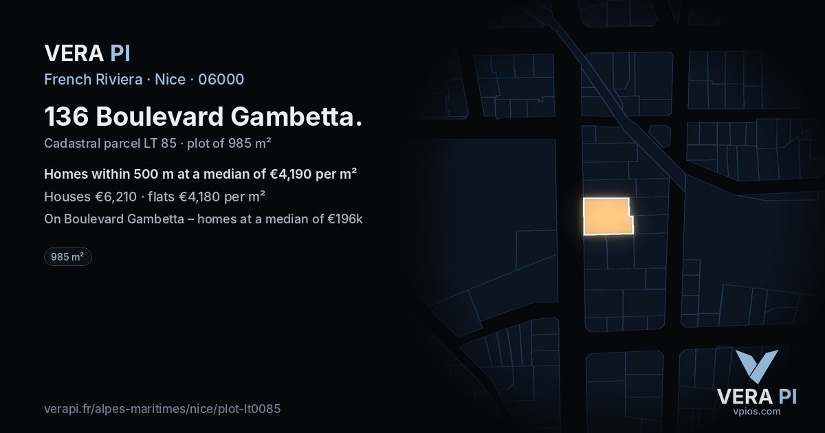 136 Boulevard Gambetta, Nice at night – the plot lit, the parcels around coloured by the prices near them