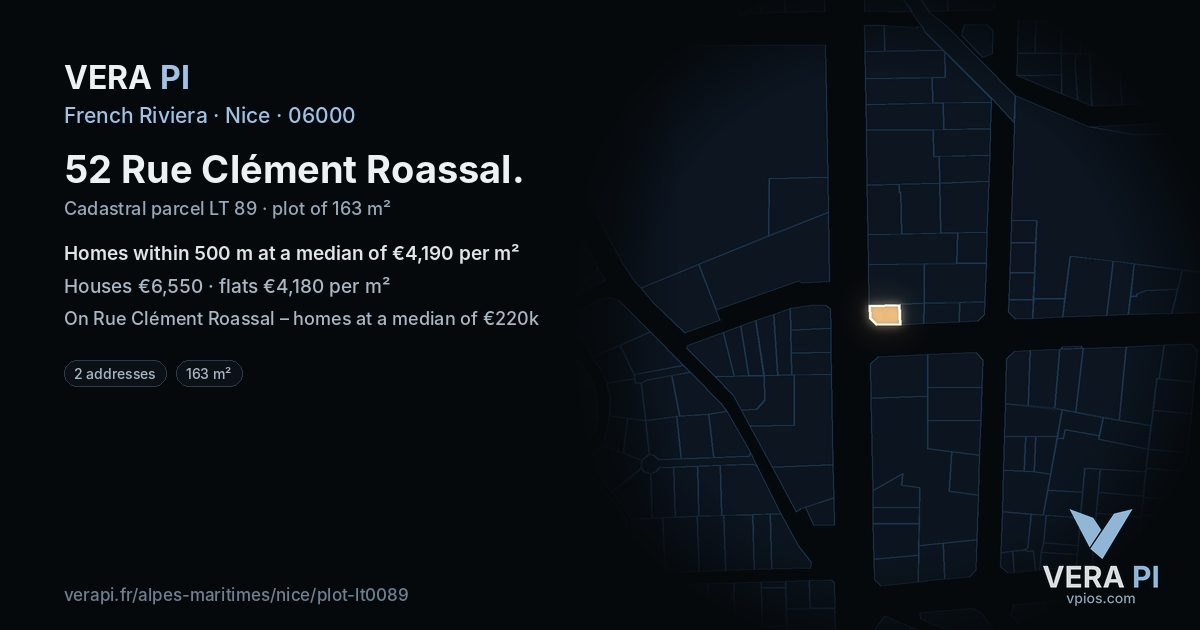 52 Rue Clément Roassal, Nice at night – the plot lit, the parcels around coloured by the prices near them