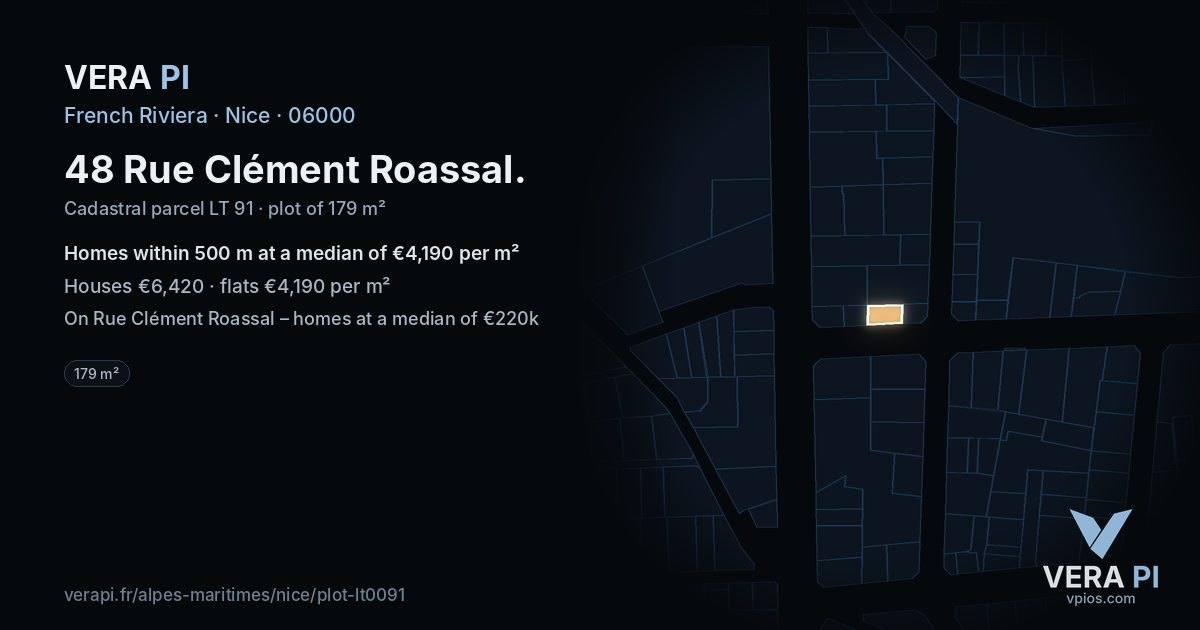 48 Rue Clément Roassal, Nice at night – the plot lit, the parcels around coloured by the prices near them