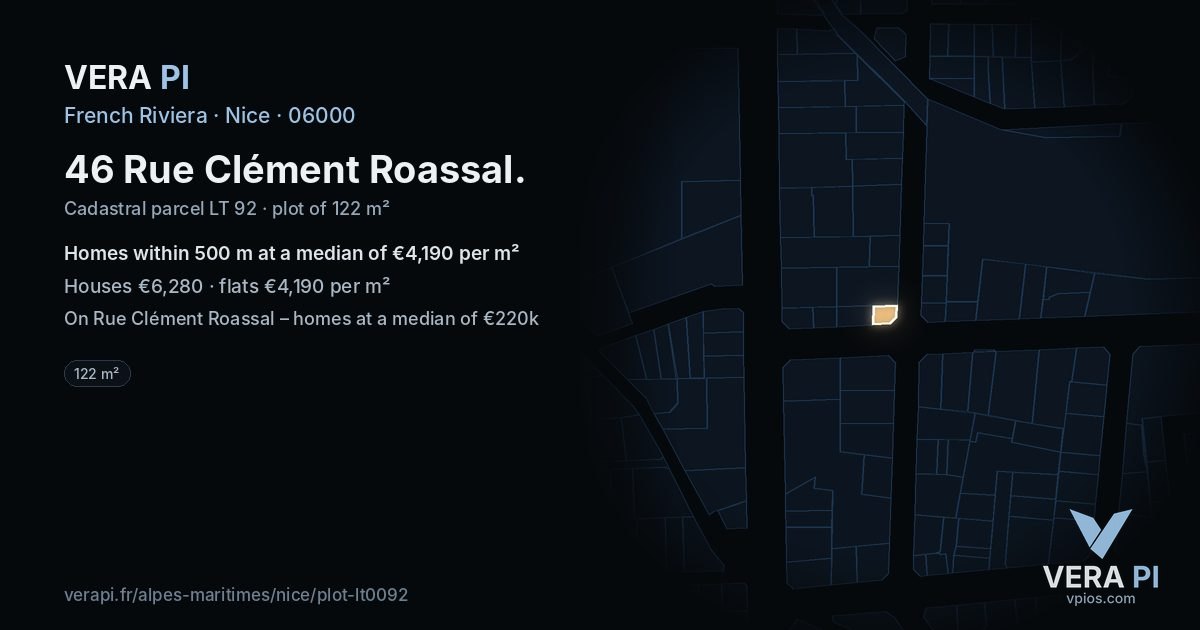 46 Rue Clément Roassal, Nice at night – the plot lit, the parcels around coloured by the prices near them