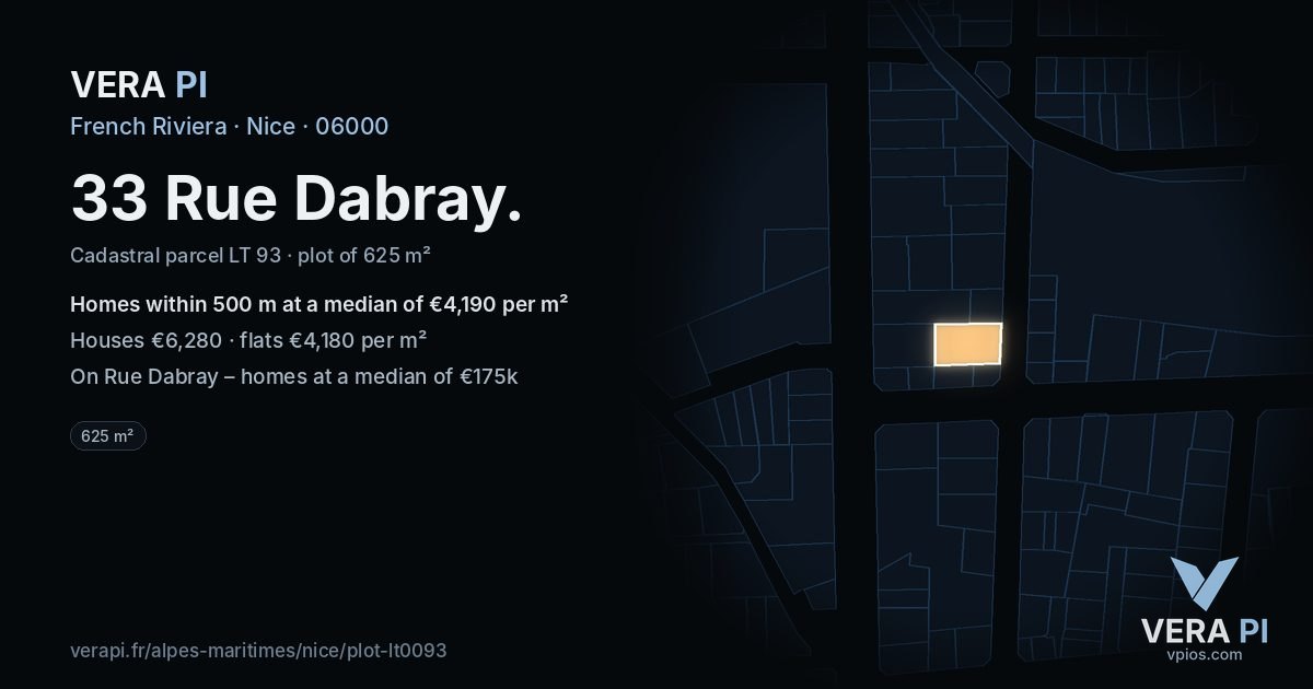 33 Rue Dabray, Nice at night – the plot lit, the parcels around coloured by the prices near them