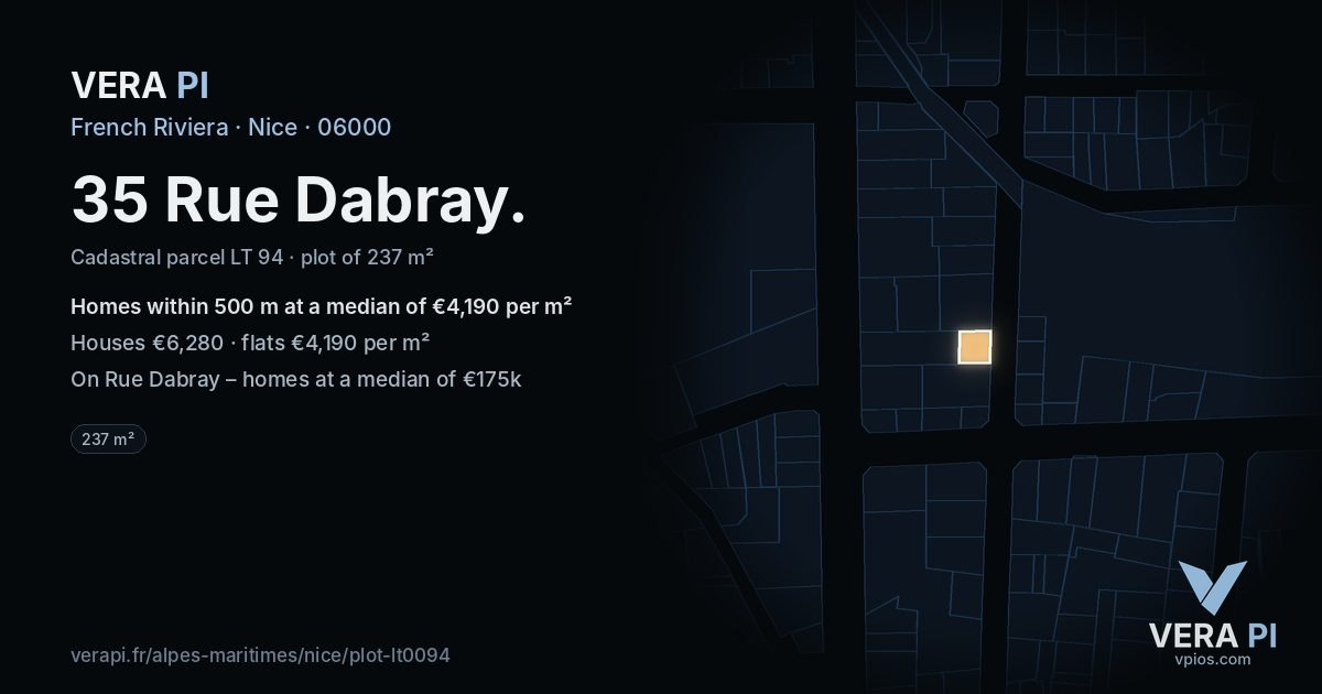35 Rue Dabray, Nice at night – the plot lit, the parcels around coloured by the prices near them