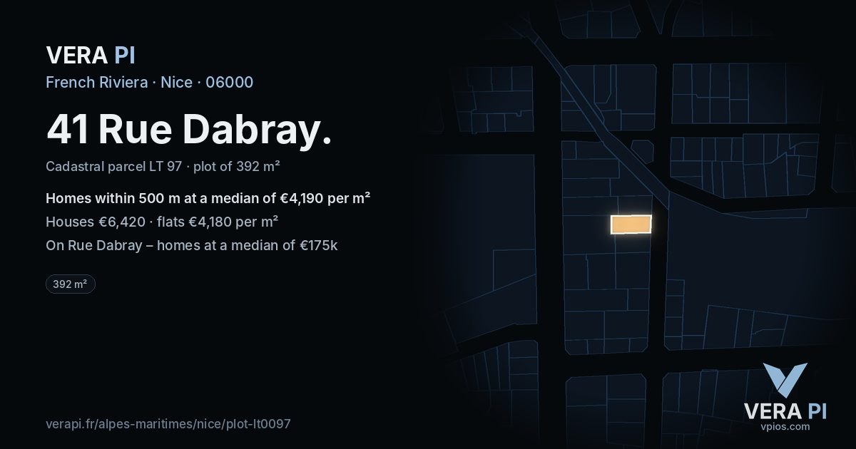41 Rue Dabray, Nice at night – the plot lit, the parcels around coloured by the prices near them