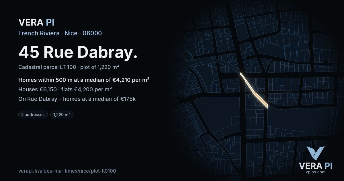 45 Rue Dabray, Nice at night – the plot lit, the parcels around coloured by the prices near them