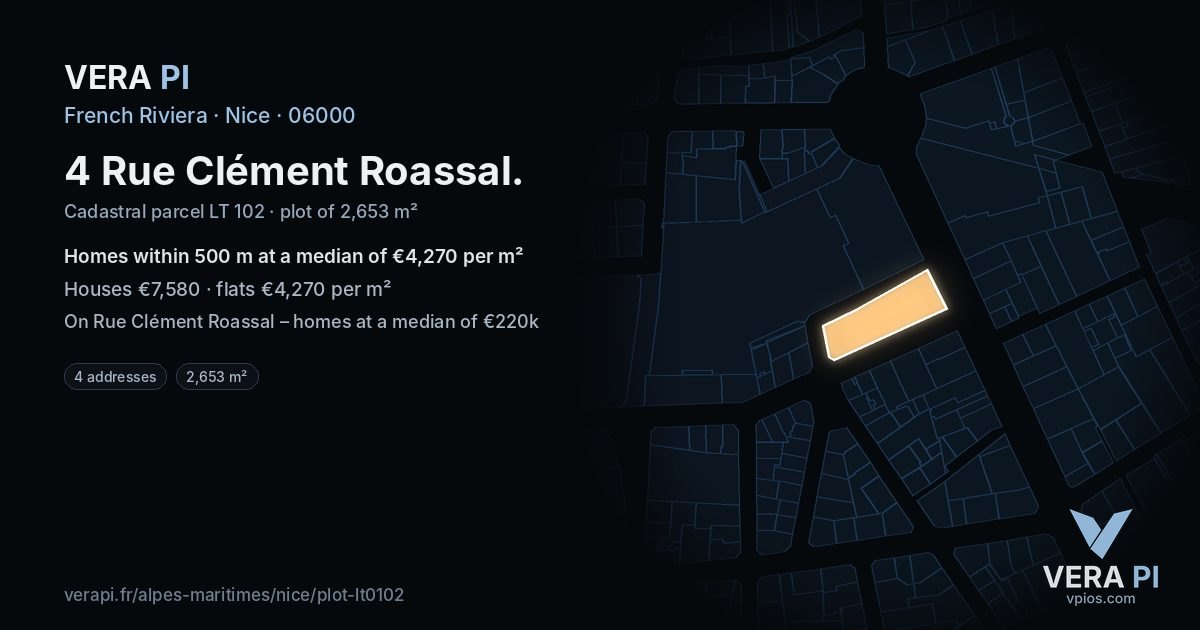 4 Rue Clément Roassal, Nice at night – the plot lit, the parcels around coloured by the prices near them
