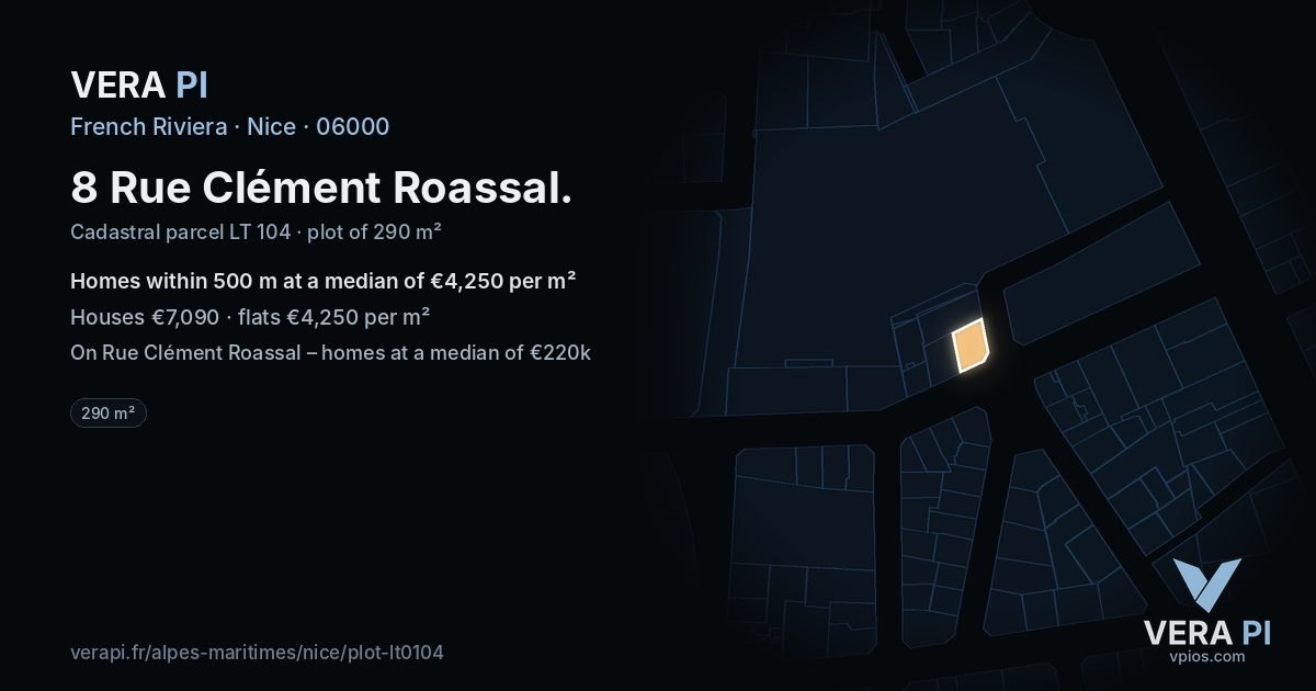 8 Rue Clément Roassal, Nice at night – the plot lit, the parcels around coloured by the prices near them