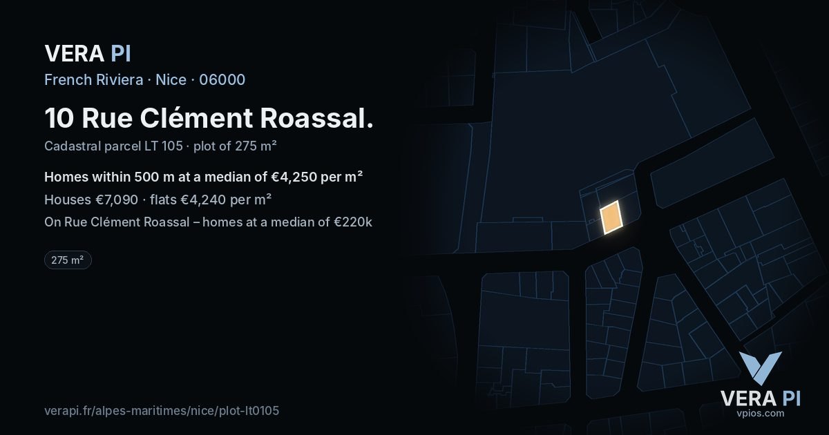 10 Rue Clément Roassal, Nice at night – the plot lit, the parcels around coloured by the prices near them
