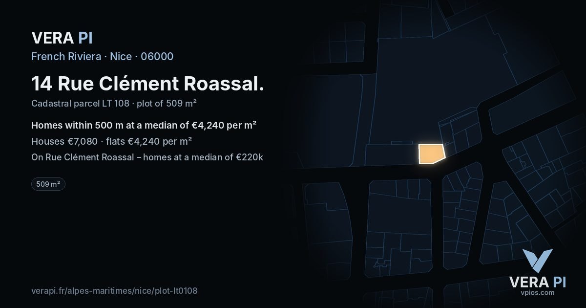 14 Rue Clément Roassal, Nice at night – the plot lit, the parcels around coloured by the prices near them