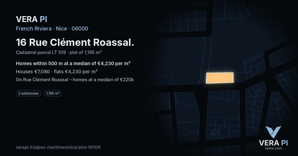 16 Rue Clément Roassal, Nice at night – the plot lit, the parcels around coloured by the prices near them