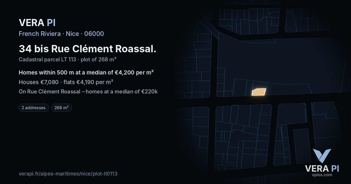34 bis Rue Clément Roassal, Nice at night – the plot lit, the parcels around coloured by the prices near them