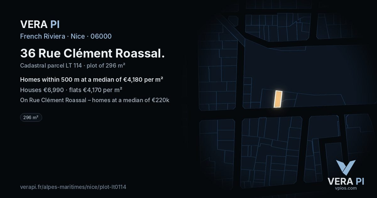 36 Rue Clément Roassal, Nice at night – the plot lit, the parcels around coloured by the prices near them