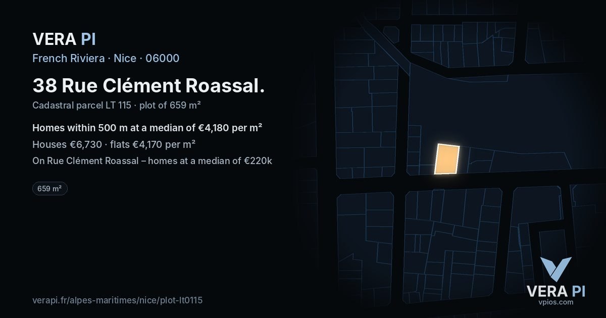 38 Rue Clément Roassal, Nice at night – the plot lit, the parcels around coloured by the prices near them