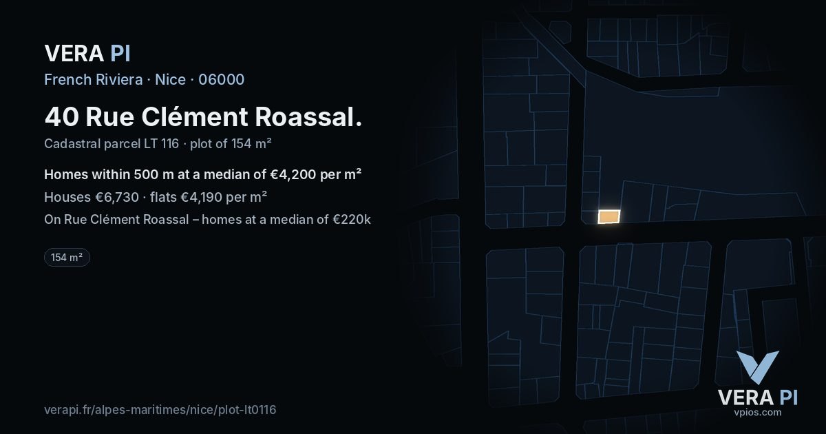 40 Rue Clément Roassal, Nice at night – the plot lit, the parcels around coloured by the prices near them