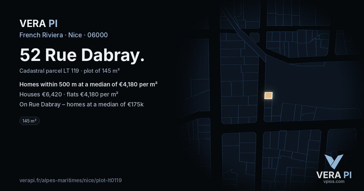 52 Rue Dabray, Nice at night – the plot lit, the parcels around coloured by the prices near them