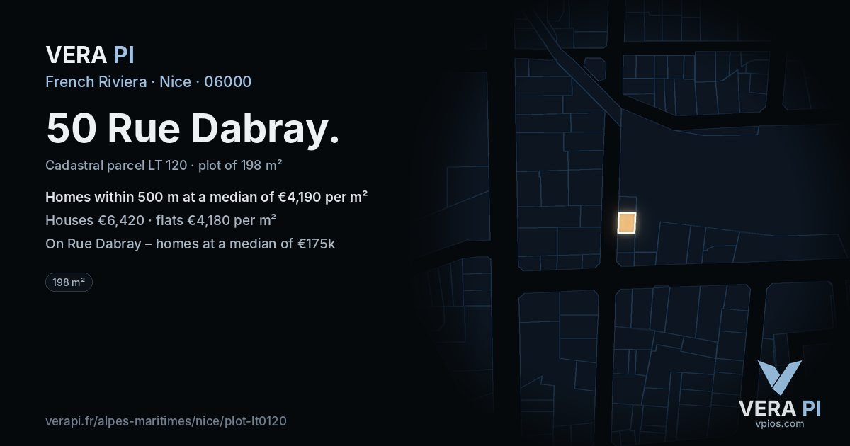 50 Rue Dabray, Nice at night – the plot lit, the parcels around coloured by the prices near them