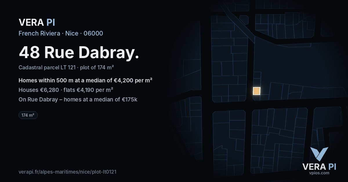 48 Rue Dabray, Nice at night – the plot lit, the parcels around coloured by the prices near them