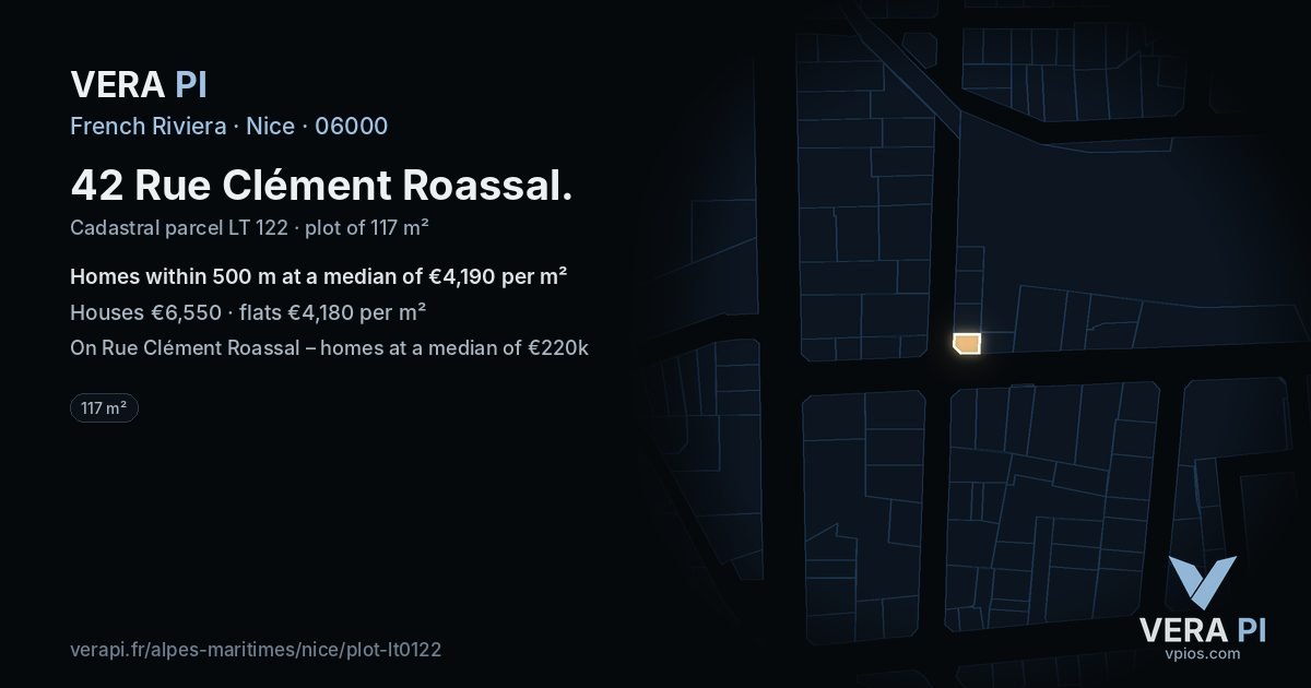 42 Rue Clément Roassal, Nice at night – the plot lit, the parcels around coloured by the prices near them