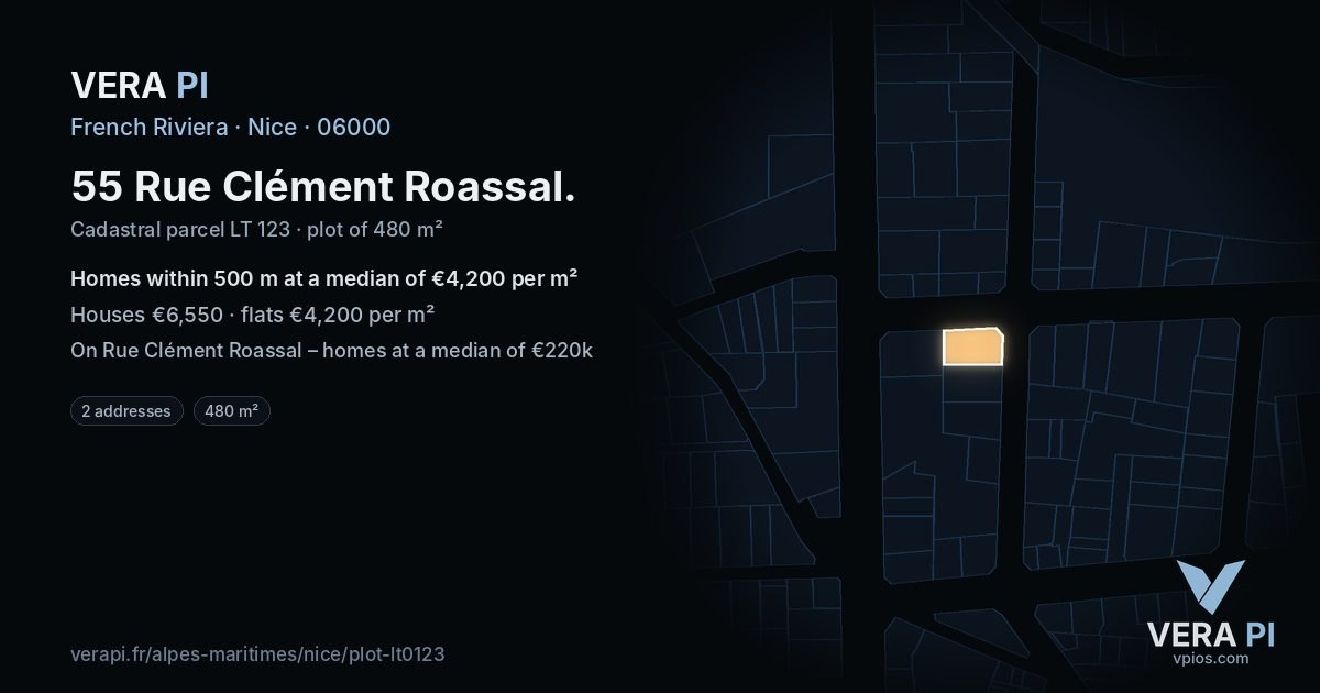 55 Rue Clément Roassal, Nice at night – the plot lit, the parcels around coloured by the prices near them