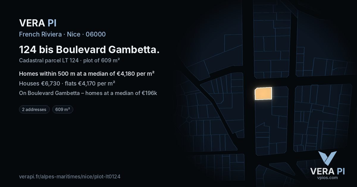 124 bis Boulevard Gambetta, Nice at night – the plot lit, the parcels around coloured by the prices near them