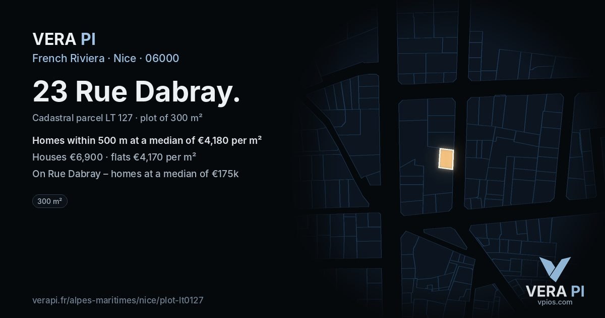 23 Rue Dabray, Nice at night – the plot lit, the parcels around coloured by the prices near them