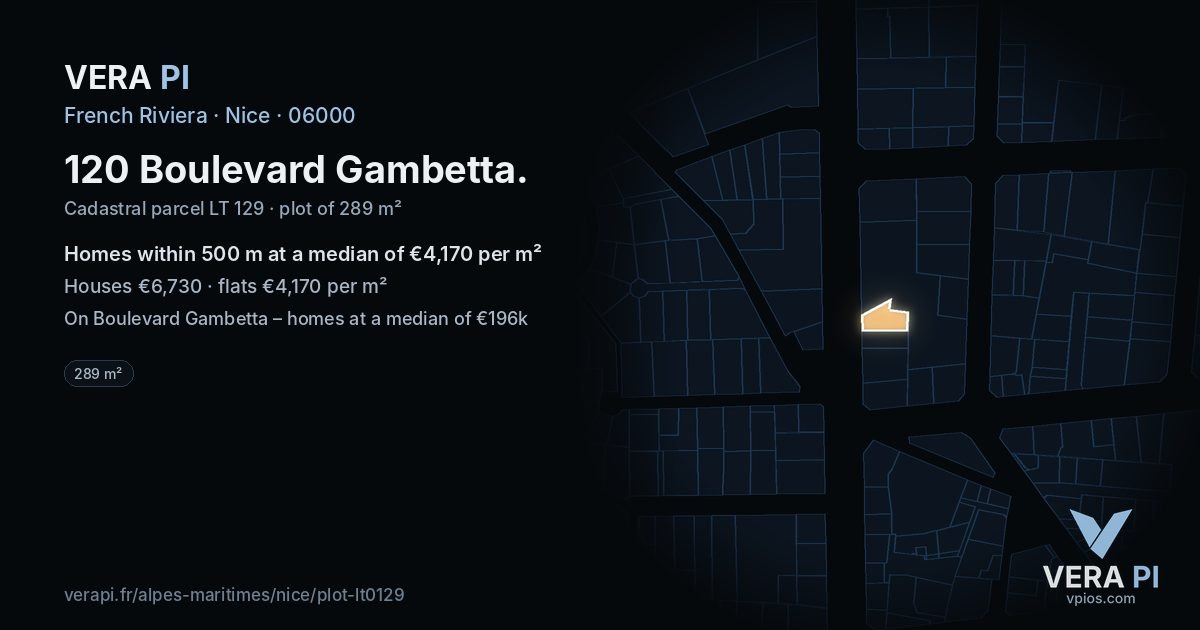 120 Boulevard Gambetta, Nice at night – the plot lit, the parcels around coloured by the prices near them
