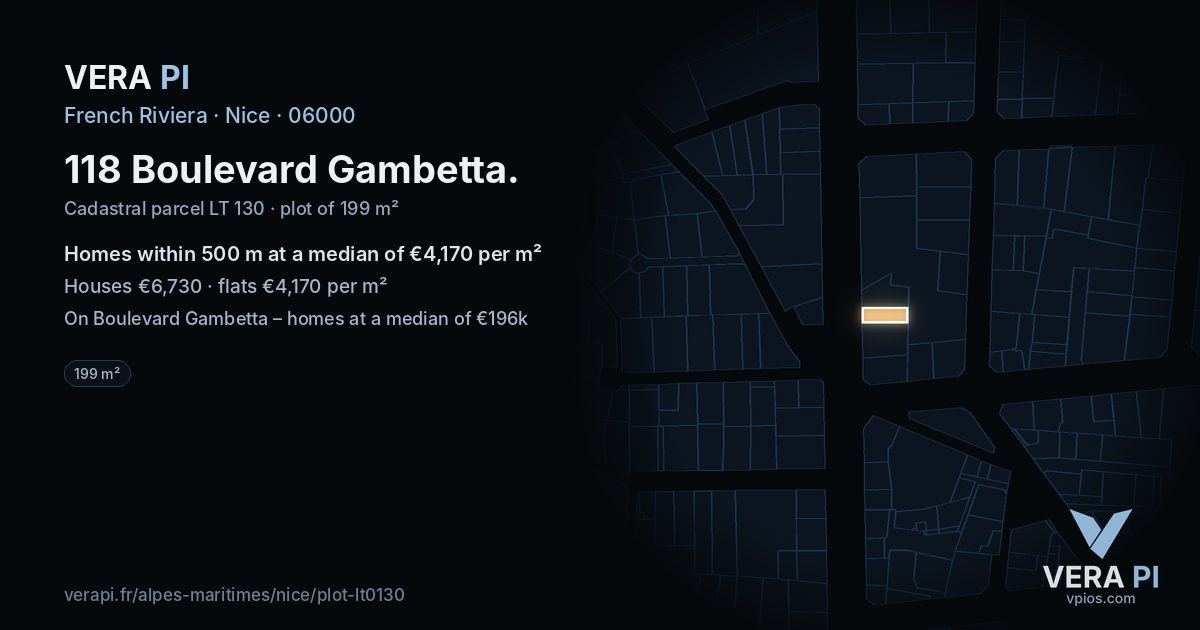 118 Boulevard Gambetta, Nice at night – the plot lit, the parcels around coloured by the prices near them
