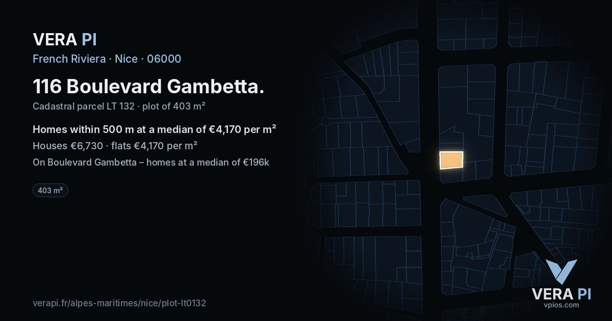 116 Boulevard Gambetta, Nice at night – the plot lit, the parcels around coloured by the prices near them