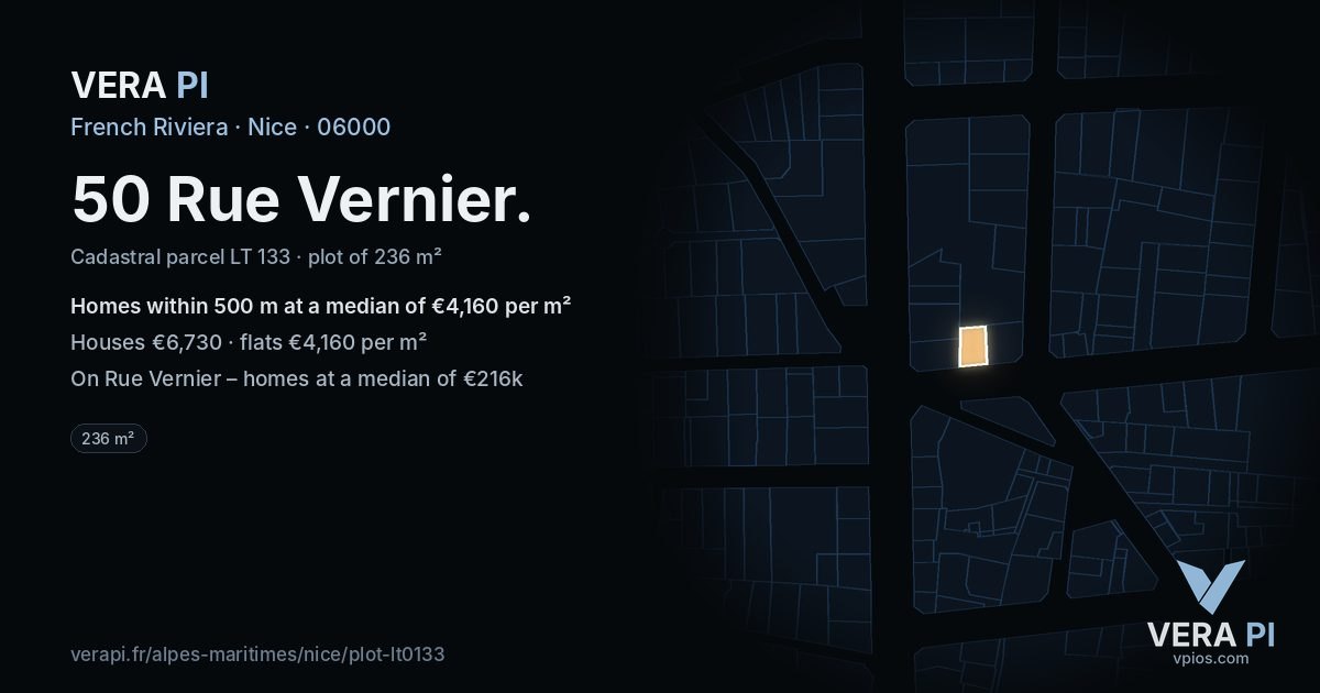 50 Rue Vernier, Nice at night – the plot lit, the parcels around coloured by the prices near them