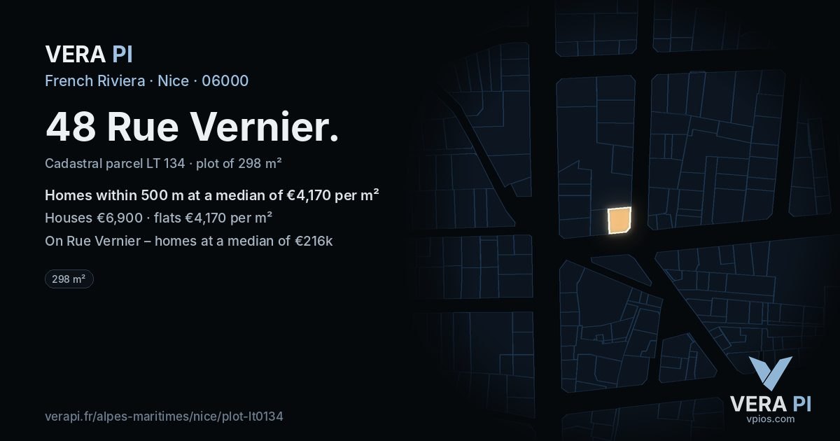 48 Rue Vernier, Nice at night – the plot lit, the parcels around coloured by the prices near them