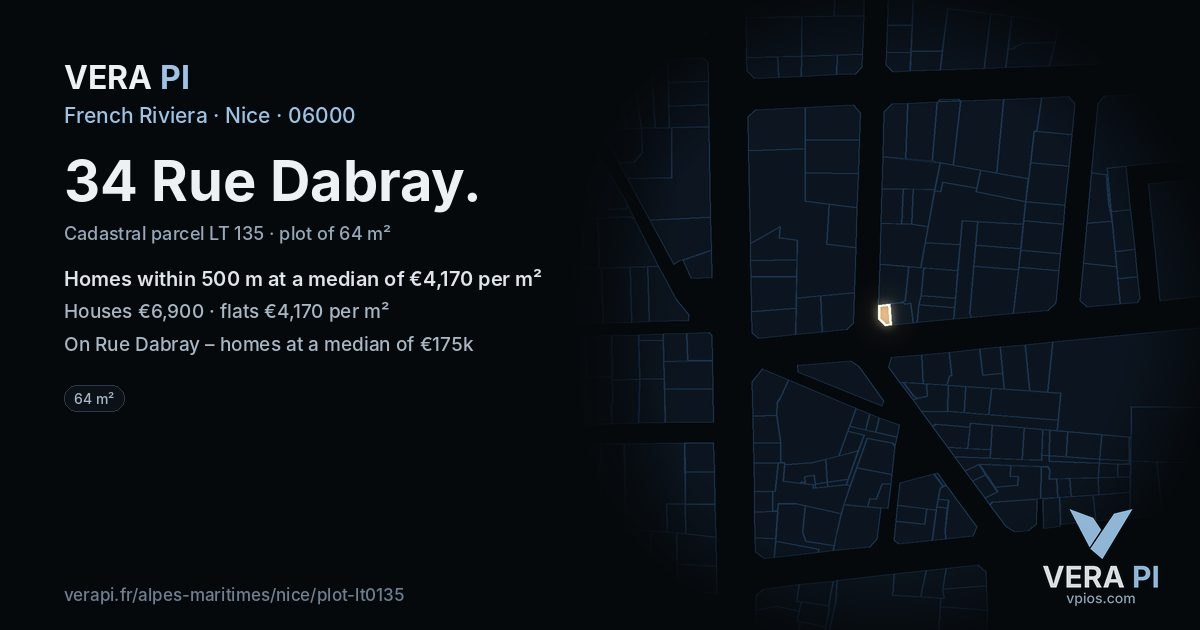 34 Rue Dabray, Nice at night – the plot lit, the parcels around coloured by the prices near them