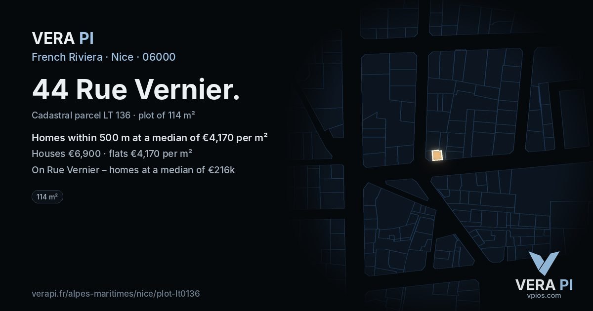 44 Rue Vernier, Nice at night – the plot lit, the parcels around coloured by the prices near them